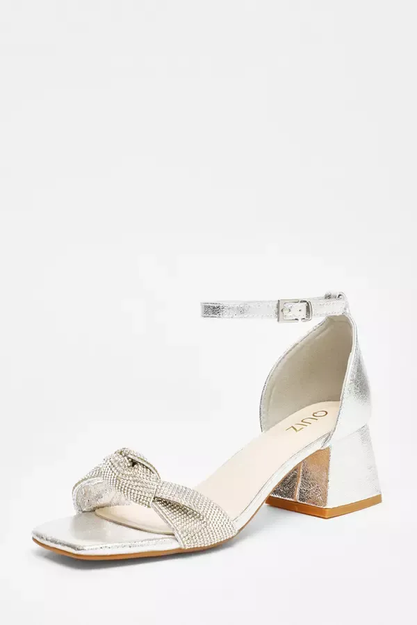 Women Silver Foil Diamante Knot Front Block Heeled Sandals Quiz Clothing Heels
