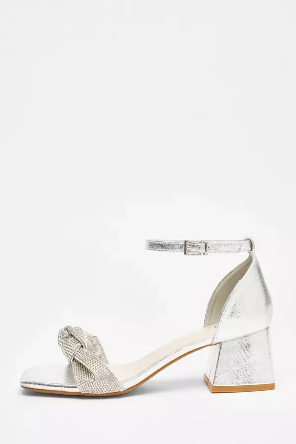 Women Silver Foil Diamante Knot Front Block Heeled Sandals Quiz Clothing Heels Women Silver Foil Diamante Knot Front Block Heeled Sandals Quiz Clothing Heels