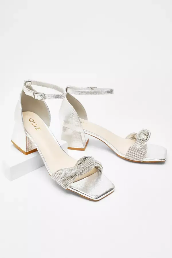 Women Silver Foil Diamante Knot Front Block Heeled Sandals Quiz Clothing Heels Women Silver Foil Diamante Knot Front Block Heeled Sandals Quiz Clothing Heels