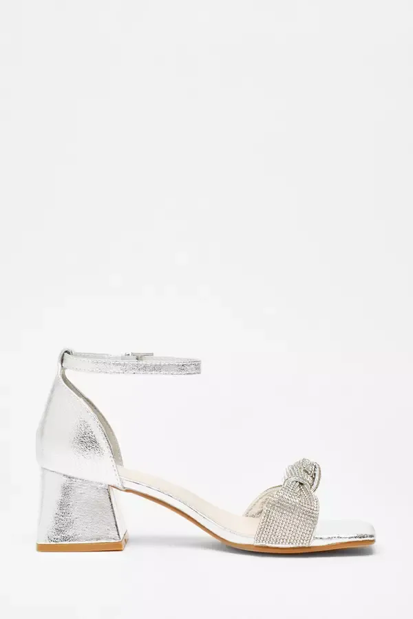 Women Silver Foil Diamante Knot Front Block Heeled Sandals Quiz Clothing Heels Women Silver Foil Diamante Knot Front Block Heeled Sandals Quiz Clothing Heels