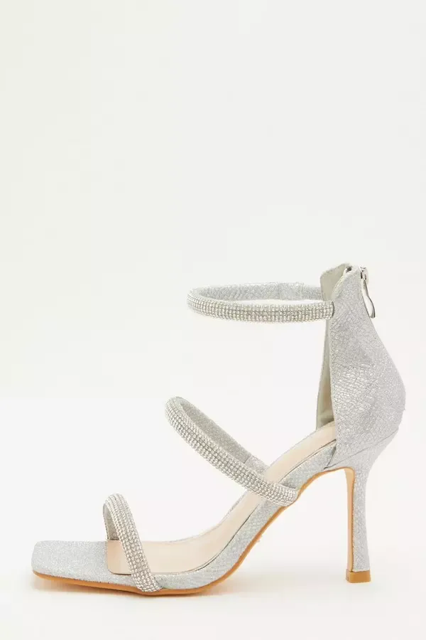 Women Silver Shimmer Embellished Heeled Sandals Quiz Clothing Heels