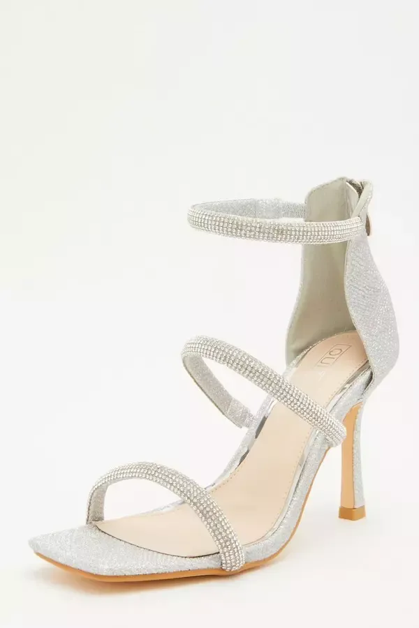 Women Silver Shimmer Embellished Heeled Sandals Quiz Clothing Heels