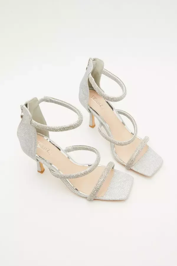 Women Silver Shimmer Embellished Heeled Sandals Quiz Clothing Heels