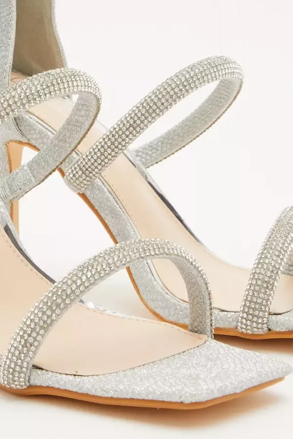 Women Silver Shimmer Embellished Heeled Sandals Quiz Clothing Heels