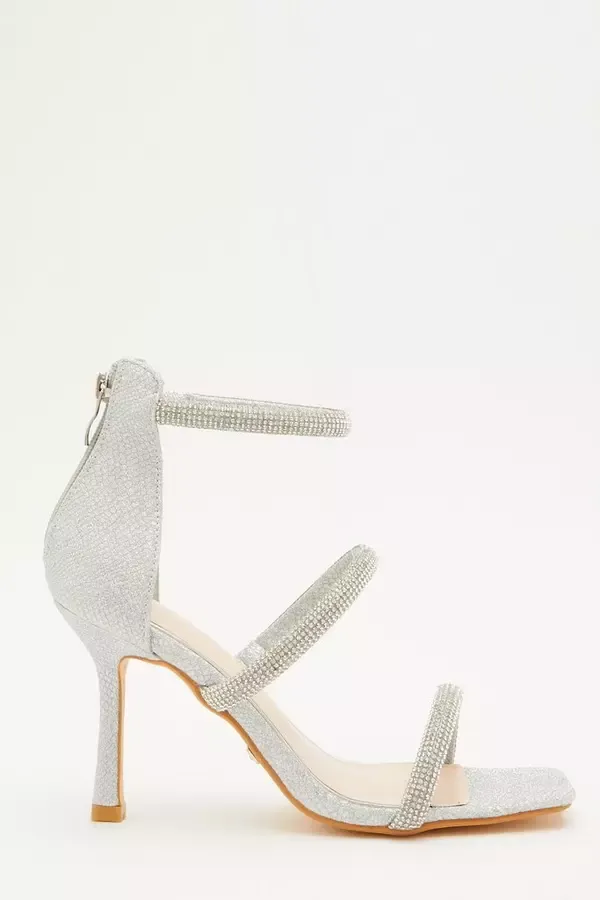 Women Silver Shimmer Embellished Heeled Sandals Quiz Clothing Heels