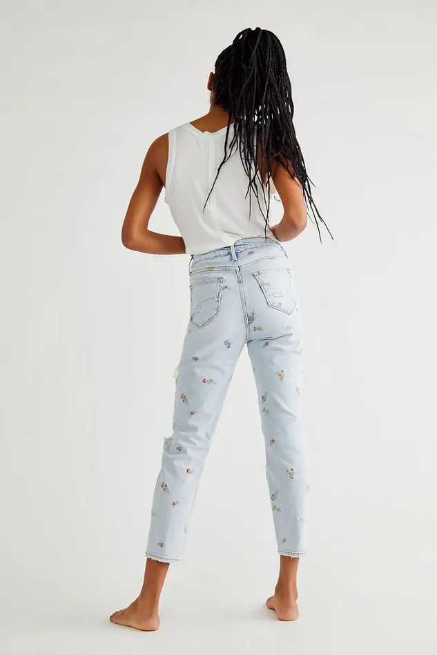 Women Skinny Jeans Free People Driftwood Embroidered Mom Jeans Light Blue