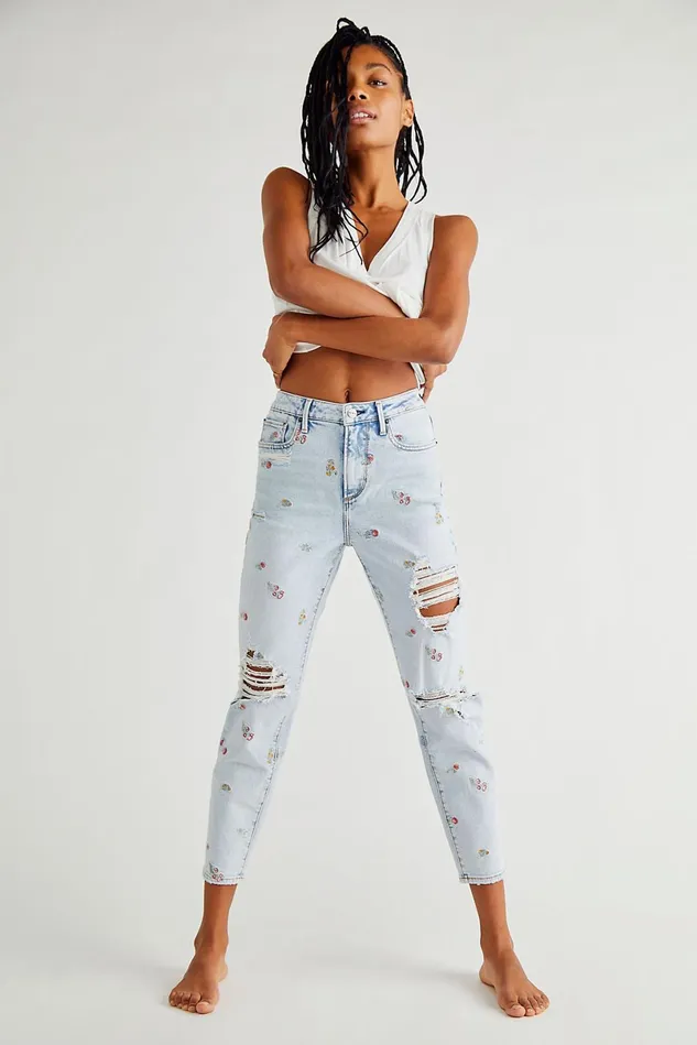 Women Skinny Jeans Free People Driftwood Embroidered Mom Jeans Light Blue