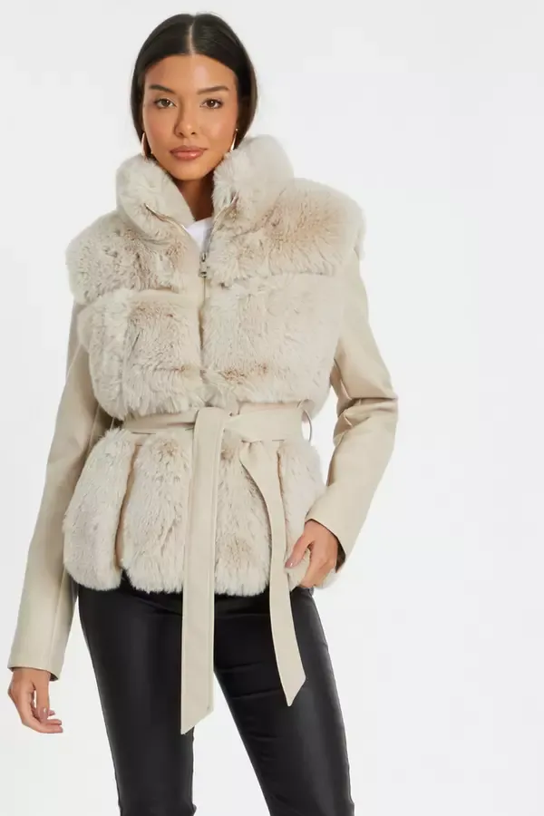 Women Stone Faux Fur Contrast Belted Jacket Quiz Clothing Jackets and Coats