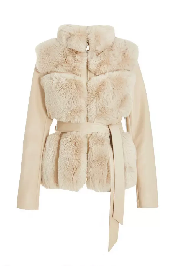 Women Stone Faux Fur Contrast Belted Jacket Quiz Clothing Jackets and Coats