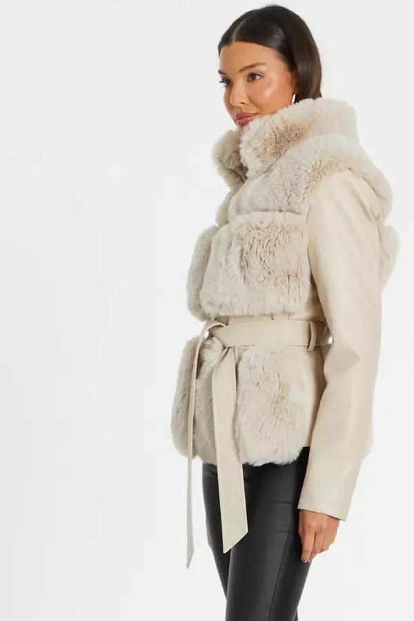 Women Stone Faux Fur Contrast Belted Jacket Quiz Clothing Jackets and Coats