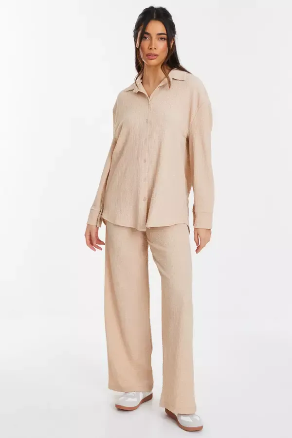 Women Stone High Waist Textured Palazzo Trousers Quiz Clothing Casual Clothing