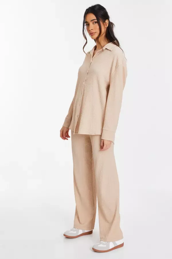Women Stone High Waist Textured Palazzo Trousers Quiz Clothing Casual Clothing Women Stone High Waist Textured Palazzo Trousers Quiz Clothing Casual Clothing