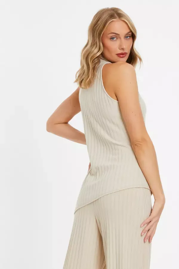 Women Stone Ribbed Asymmetric Top Quiz Clothing CoOrds