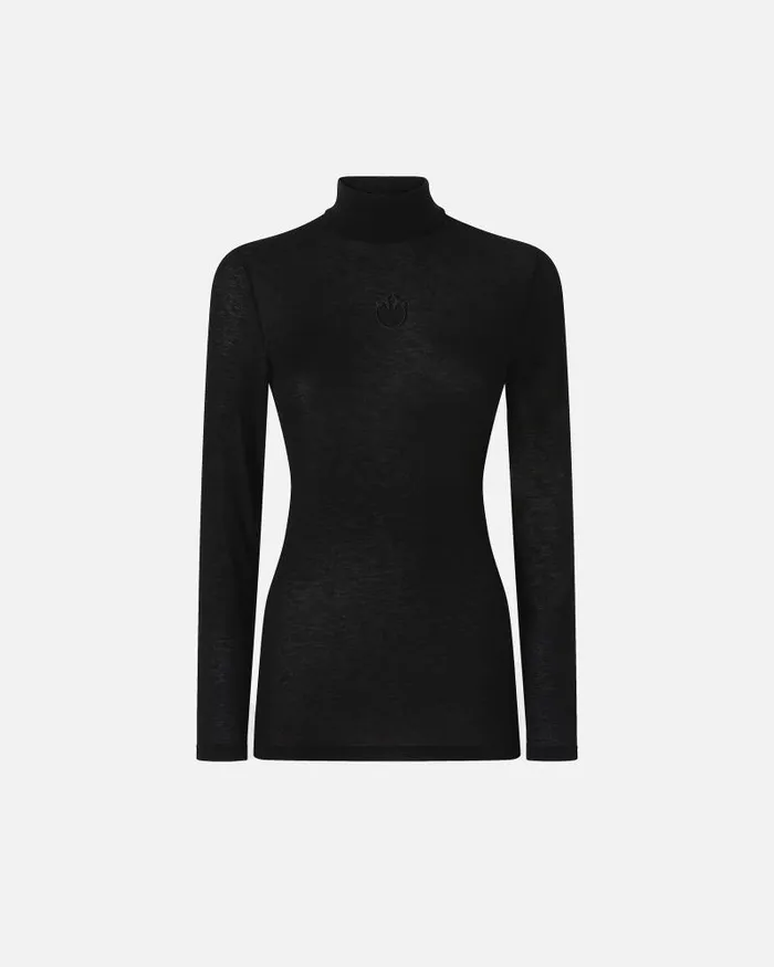 Women Sweaters Pinko Light Cashmereblend Jersey Turtleneck Sweater With Embroidery Limo Black