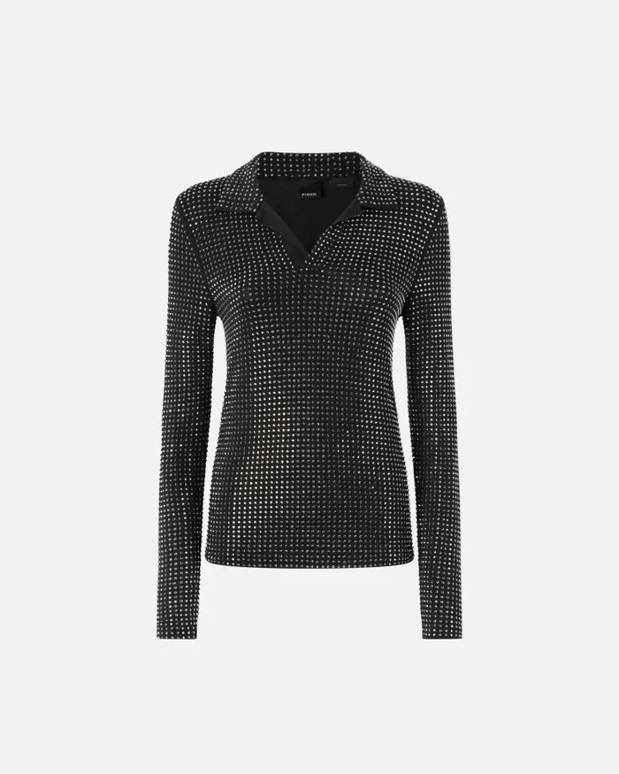 Women Sweaters Pinko Longsleeved Polo With Rhinestones Limo Black Women Sweaters Pinko Longsleeved Polo With Rhinestones Limo Black