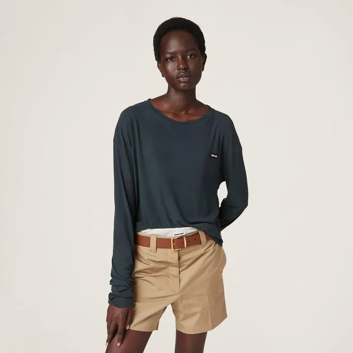 Women TShirts And Sweatshirts Miu Miu Longsleeved Garmentdyed Ribbed Knit Jersey Tshirt Black