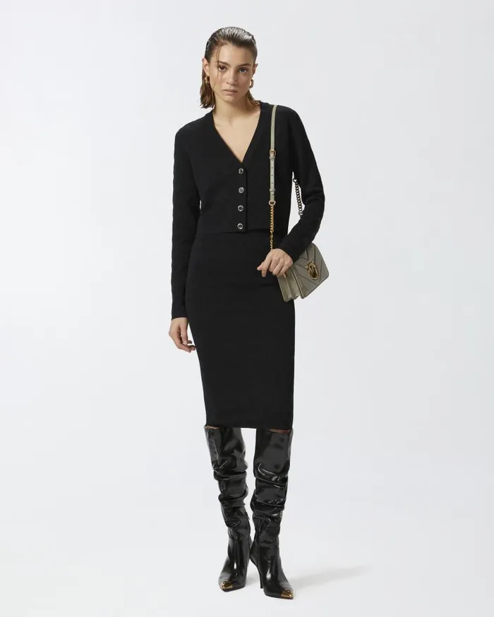 Women TOPWEAR Pinko Monogram Vneck Cropped Cardigan Limo Black Women TOPWEAR Pinko Monogram Vneck Cropped Cardigan Limo Black