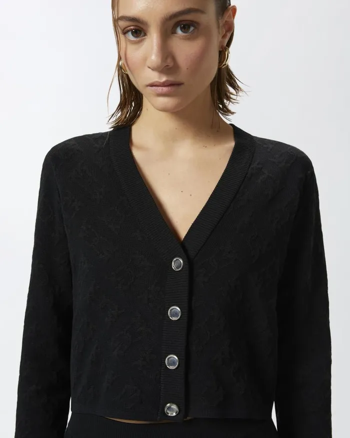 Women TOPWEAR Pinko Monogram Vneck Cropped Cardigan Limo Black Women TOPWEAR Pinko Monogram Vneck Cropped Cardigan Limo Black