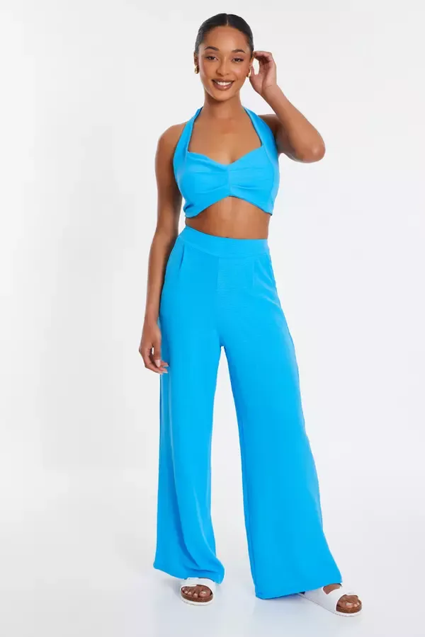 Women Turquoise Wide Leg Trousers Quiz Clothing Trousers