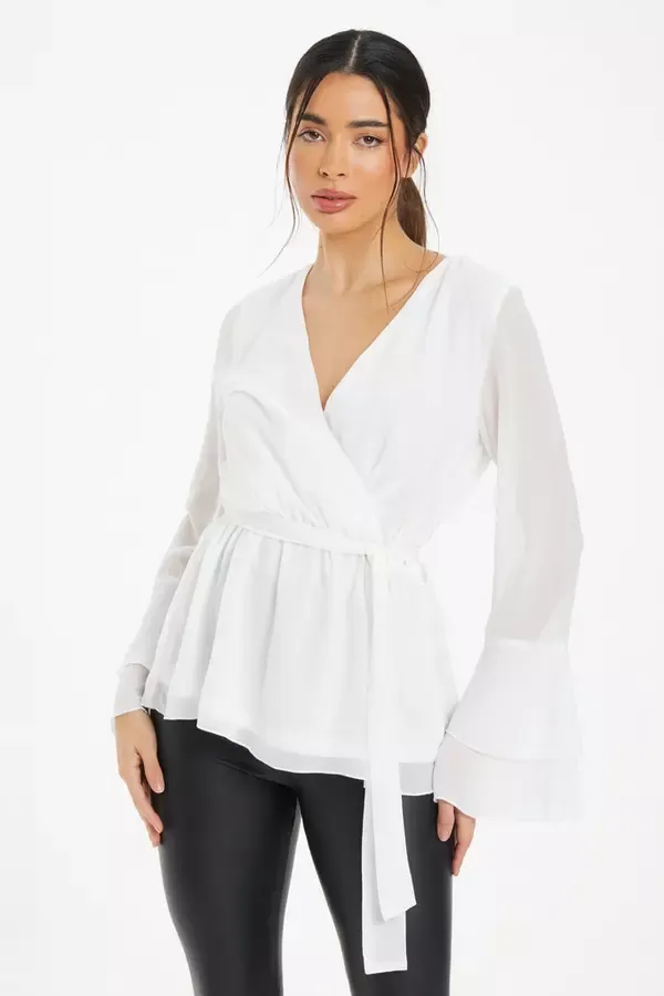 Women White Chiffon Flute Sleeve Wrap Top Quiz Clothing Casual Clothing