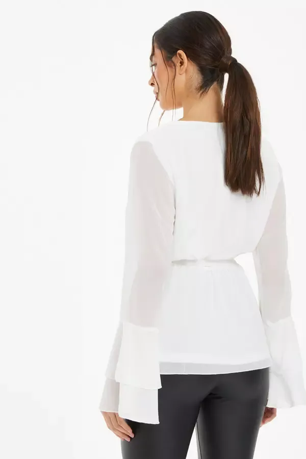 Women White Chiffon Flute Sleeve Wrap Top Quiz Clothing Casual Clothing