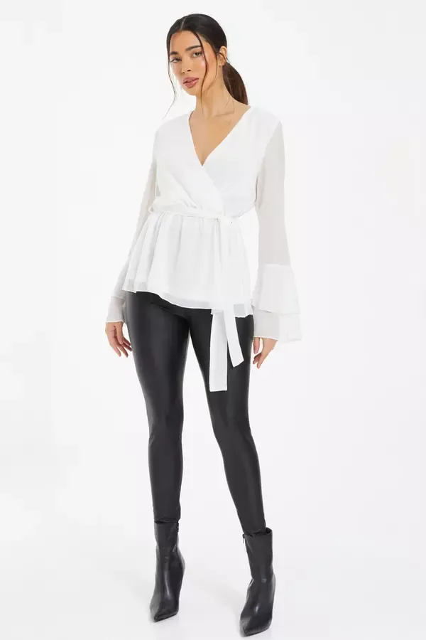Women White Chiffon Flute Sleeve Wrap Top Quiz Clothing Casual Clothing