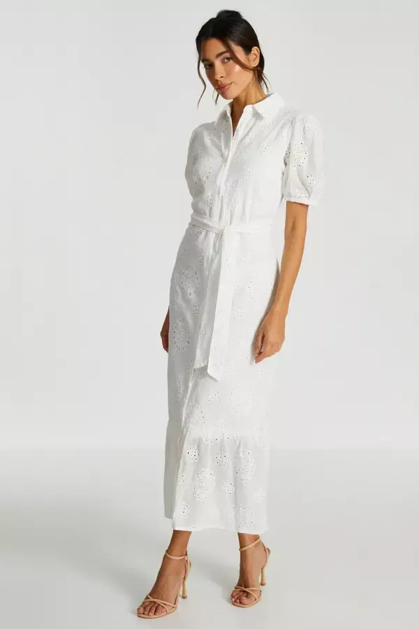 Women White Embroidered Midaxi Shirt Dress Quiz Clothing Dresses