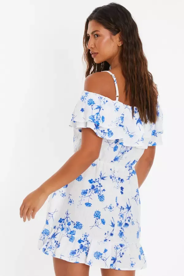Women White Floral Linen Skater Dress Quiz Clothing Dresses