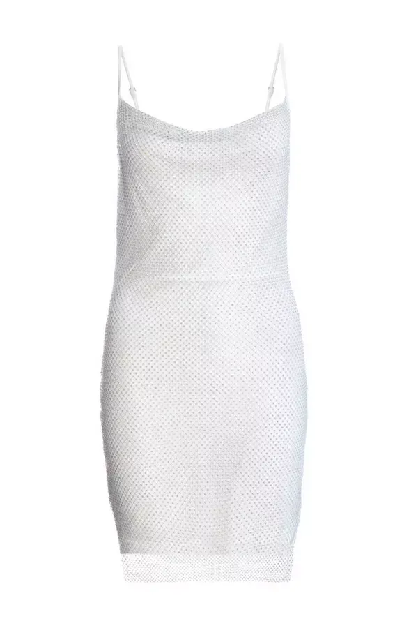Women White Rhinestone Cowl Neck Dress Quiz Clothing Dresses