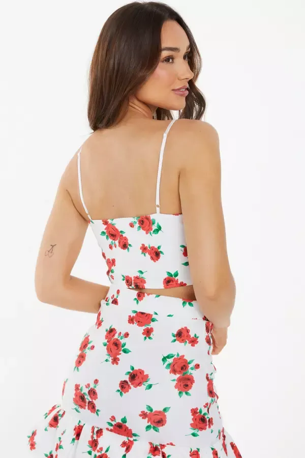 Women White Rose Print Crop Top Quiz Clothing CoOrds