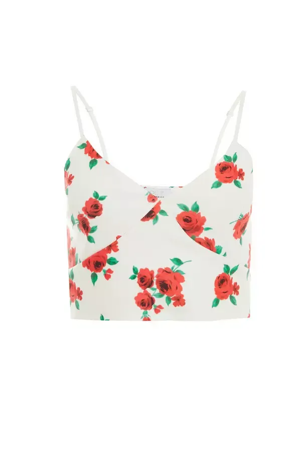 Women White Rose Print Crop Top Quiz Clothing CoOrds