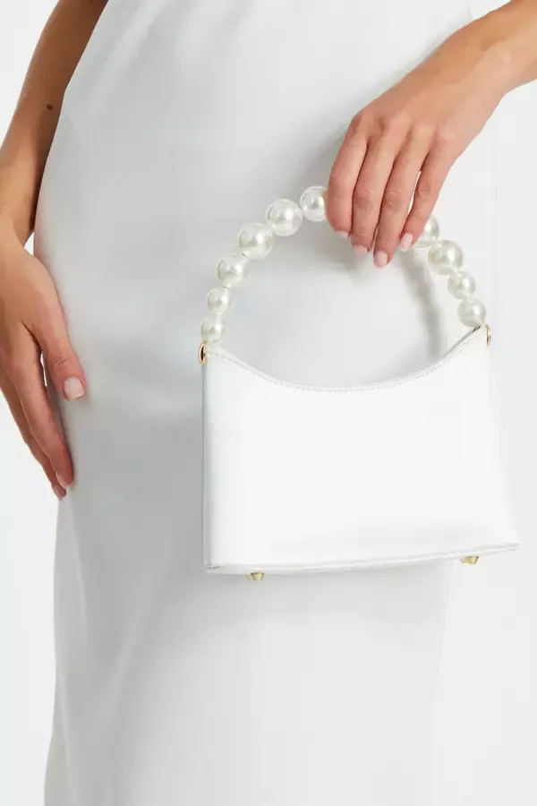 Women White Satin Pearl Handle Bag Quiz Clothing Bride To Be