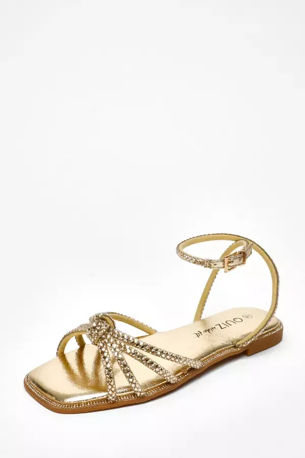 Women Wide Fit Gold Foil Diamante Flat Sandals Quiz Clothing Wide Fit
