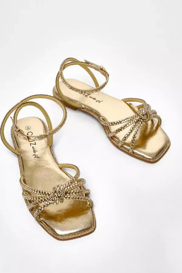 Women Wide Fit Gold Foil Diamante Flat Sandals Quiz Clothing Wide Fit