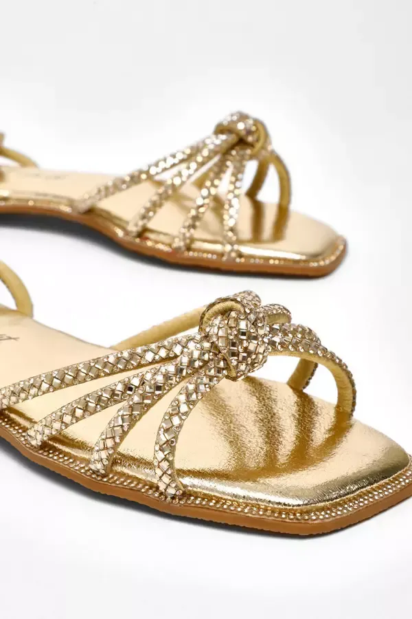 Women Wide Fit Gold Foil Diamante Flat Sandals Quiz Clothing Wide Fit