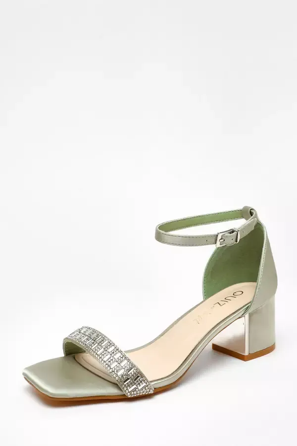 Women Wide Fit Sage Satin Diamante Low Block Heeled Sandals Quiz Clothing Wide Fit