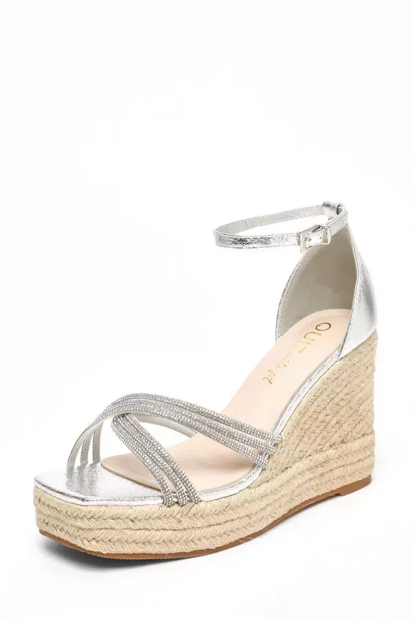 Women Wide Fit Silver Diamante Cross Strap High Woven Wedges Quiz Clothing Wide Fit