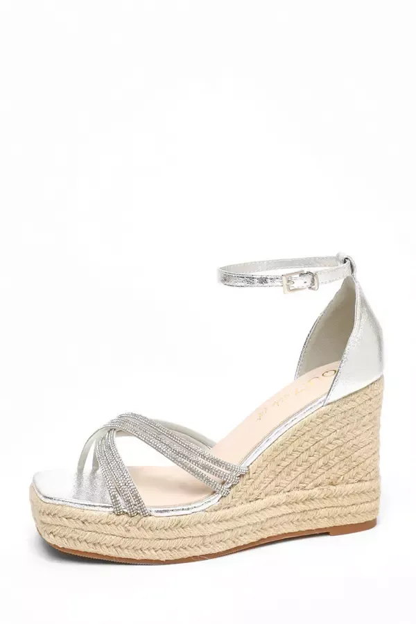 Women Wide Fit Silver Diamante Cross Strap High Woven Wedges Quiz Clothing Wide Fit Women Wide Fit Silver Diamante Cross Strap High Woven Wedges Quiz Clothing Wide Fit
