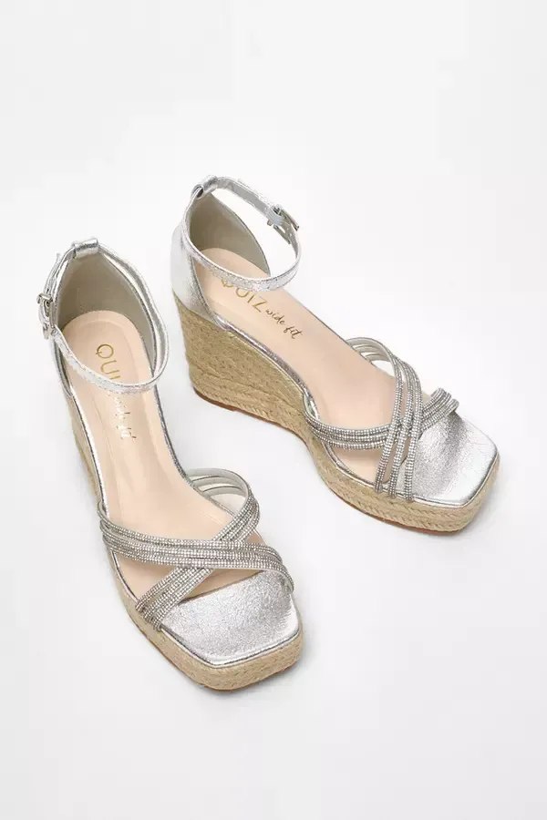 Women Wide Fit Silver Diamante Cross Strap High Woven Wedges Quiz Clothing Wide Fit Women Wide Fit Silver Diamante Cross Strap High Woven Wedges Quiz Clothing Wide Fit