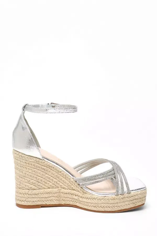 Women Wide Fit Silver Diamante Cross Strap High Woven Wedges Quiz Clothing Wide Fit Women Wide Fit Silver Diamante Cross Strap High Woven Wedges Quiz Clothing Wide Fit
