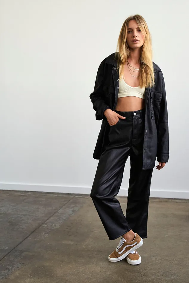 Women WideLeg Jeans Free People Levi039s Faux Leather Ribcage Straight Jeans Leather Night Black
