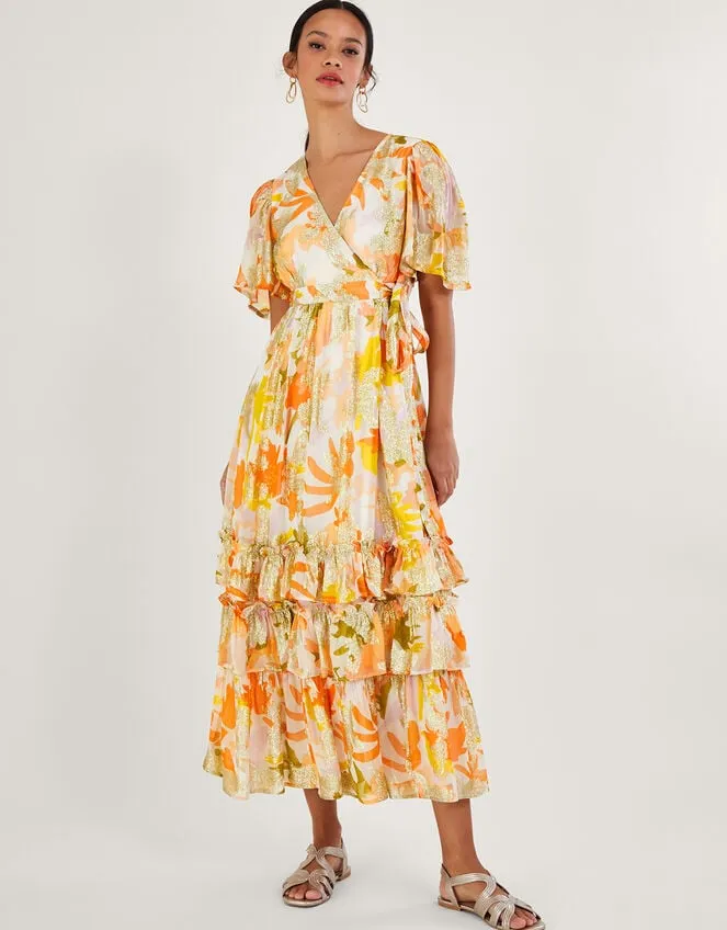 Women Willow Metallic Print Wrap Dress With Sustainable Viscose Ivory Monsoon Occasionwear
