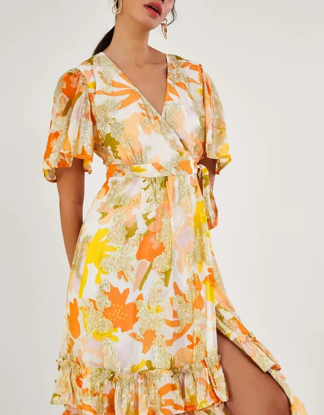 Women Willow Metallic Print Wrap Dress With Sustainable Viscose Ivory Monsoon Occasionwear