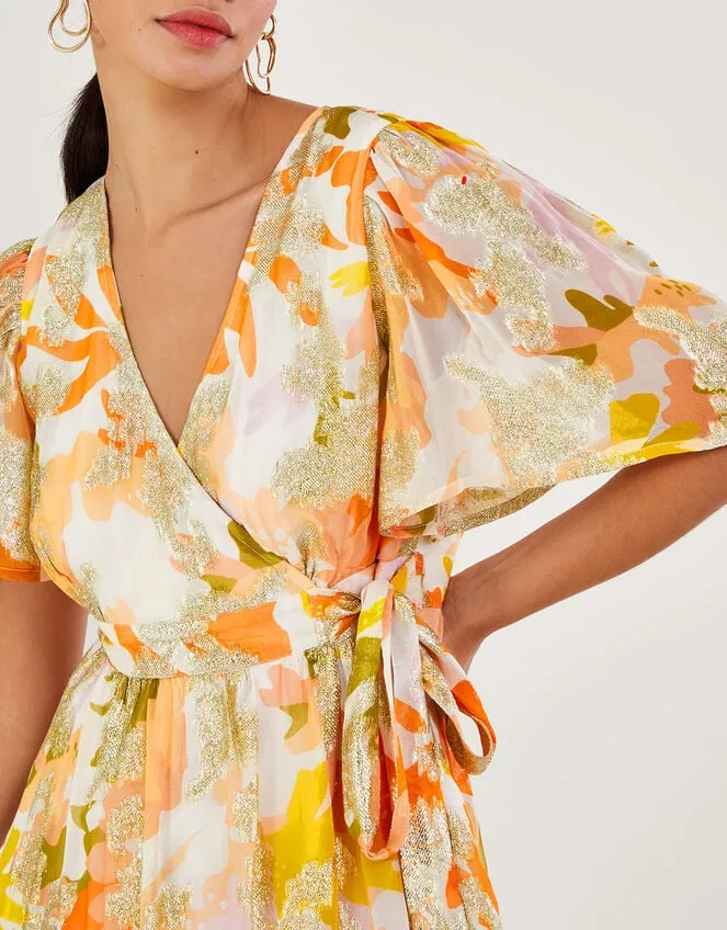 Women Willow Metallic Print Wrap Dress With Sustainable Viscose Ivory Monsoon Occasionwear