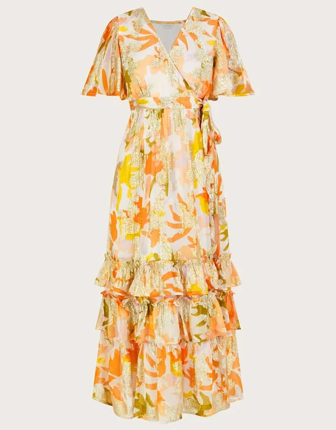 Women Willow Metallic Print Wrap Dress With Sustainable Viscose Ivory Monsoon Occasionwear