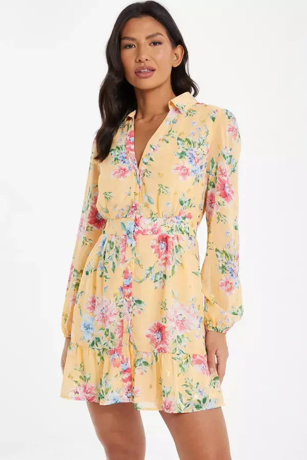 Women Yellow Chiffon Floral Shirt Dress Quiz Clothing Dresses