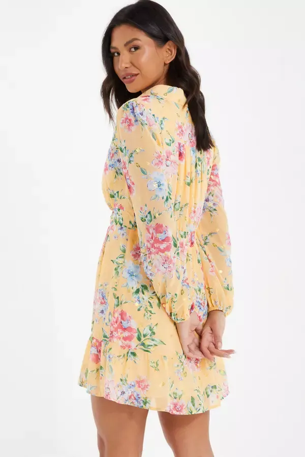 Women Yellow Chiffon Floral Shirt Dress Quiz Clothing Dresses