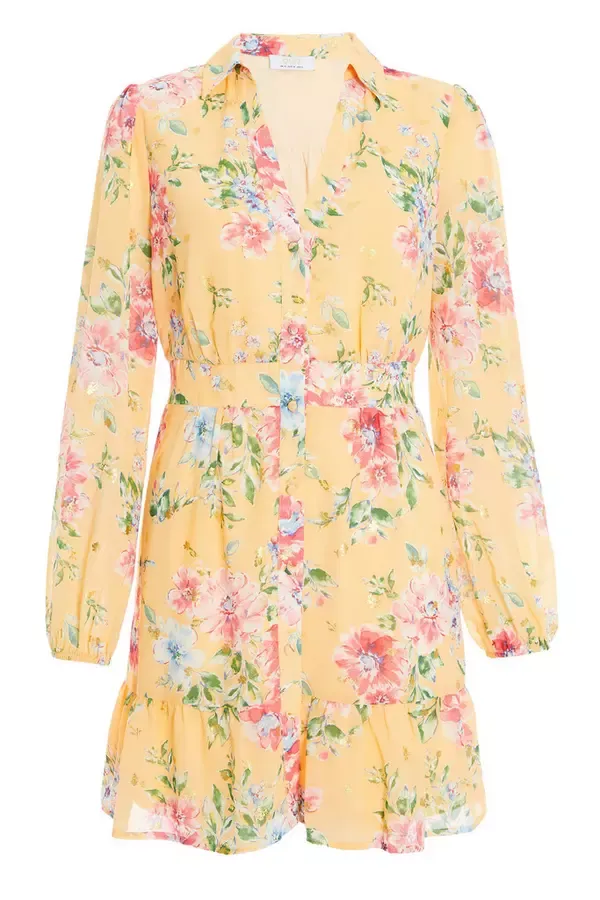 Women Yellow Chiffon Floral Shirt Dress Quiz Clothing Dresses