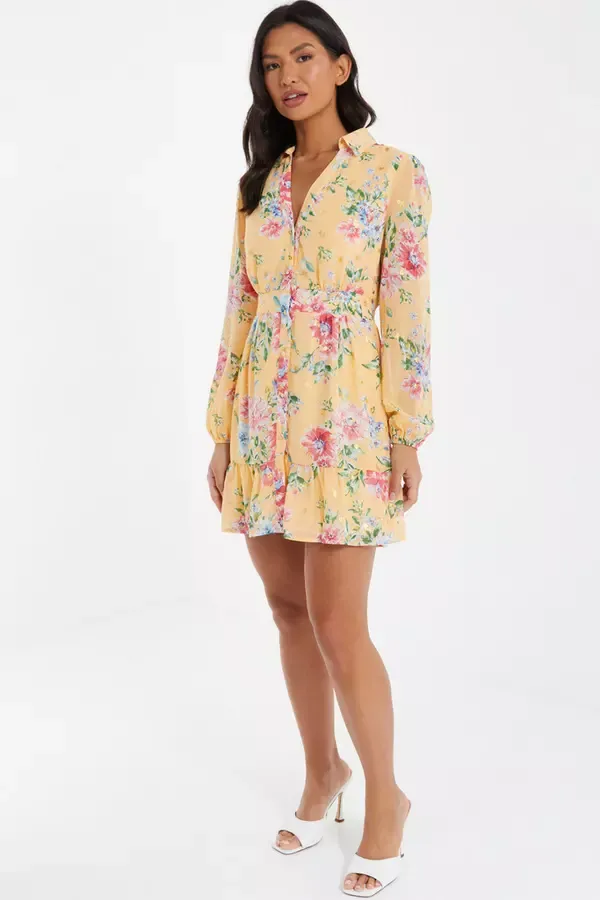 Women Yellow Chiffon Floral Shirt Dress Quiz Clothing Dresses
