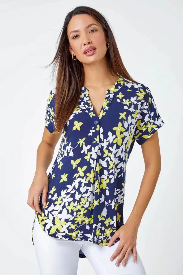 Yellow Floral Puff Print VNeck Pleat Front Top Women Roman Tops